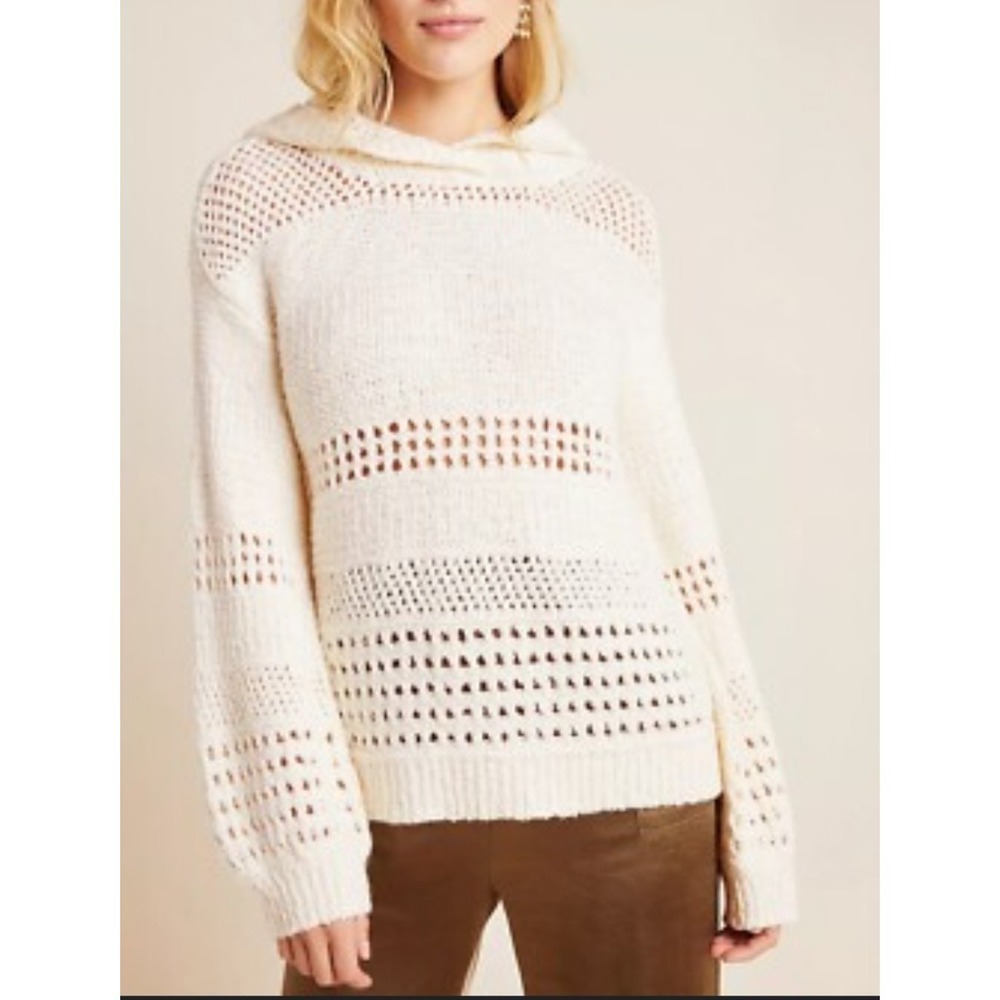Anthropologie Cream‎ Crochet Knit Hooded Sweater Pullover Long Sleeve Casual  M